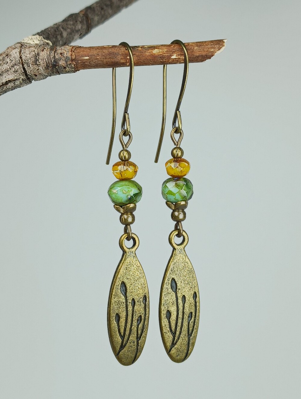 Botanical Brass Earrings Green Czech Glass Wildflower Artisan Hand Crafted - Picture 2 of 7